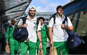 24 August 2023; Notre Dame running back Sam Assaf, left, and defensive lineman Grant Ristoff arrive at Dublin Airport ahead of the Aer Lingus College Football Classic match between Notre Dame and Navy Midshipmen on Saturday next at the Aviva Stadium in Dublin. Photo by Seb Daly/Sportsfile