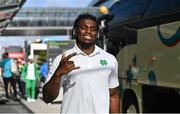 24 August 2023; Notre Dame defensive lineman Jason Onye arrives at Dublin Airport ahead of the Aer Lingus College Football Classic match between Notre Dame and Navy Midshipmen on Saturday next at the Aviva Stadium in Dublin. Photo by Seb Daly/Sportsfile