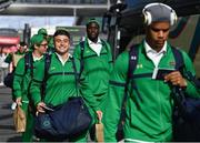 24 August 2023; Notre Dame long snapper Rino Monteforte, left, arrives at Dublin Airport ahead of the Aer Lingus College Football Classic match between Notre Dame and Navy Midshipmen on Saturday next at the Aviva Stadium in Dublin. Photo by Seb Daly/Sportsfile