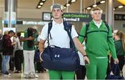 24 August 2023; Notre Dame quarterback Steve Angeli, left, and offensive lineman Ashton Craig arrive at Dublin Airport ahead of the Aer Lingus College Football Classic match between Notre Dame and Navy Midshipmen on Saturday next at the Aviva Stadium in Dublin. Photo by Seb Daly/Sportsfile