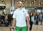 24 August 2023; Notre Dame linebacker Jack Kiser arrives at Dublin Airport ahead of the Aer Lingus College Football Classic match between Notre Dame and Navy Midshipmen on Saturday next at the Aviva Stadium in Dublin. Photo by Seb Daly/Sportsfile