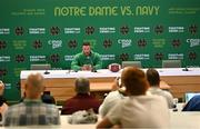 24 August 2023; Notre Dame head coach Marcus Freeman during a media conference ahead of the Aer Lingus College Football Classic match between Notre Dame and Navy Midshipmen on Saturday next at the Aviva Stadium in Dublin. Photo by David Fitzgerald/Sportsfile