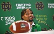 24 August 2023; Notre Dame wide receiver Chris Tyree during a media conference ahead of the Aer Lingus College Football Classic match between Notre Dame and Navy Midshipmen on Saturday next at the Aviva Stadium in Dublin. Photo by David Fitzgerald/Sportsfile