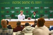24 August 2023; Notre Dame linebacker JD Bertrand, left, and wide receiver Chris Tyree during a media conference ahead of the Aer Lingus College Football Classic match between Notre Dame and Navy Midshipmen on Saturday next at the Aviva Stadium in Dublin. Photo by David Fitzgerald/Sportsfile