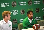 24 August 2023; Notre Dame wide receiver Chris Tyree, right, and linebacker JD Bertrand during a media conference ahead of the Aer Lingus College Football Classic match between Notre Dame and Navy Midshipmen on Saturday next at the Aviva Stadium in Dublin. Photo by David Fitzgerald/Sportsfile