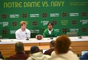 24 August 2023; Notre Dame linebacker JD Bertrand, left, and wide receiver Chris Tyree during a media conference ahead of the Aer Lingus College Football Classic match between Notre Dame and Navy Midshipmen on Saturday next at the Aviva Stadium in Dublin. Photo by David Fitzgerald/Sportsfile