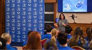 25 August 2023; Former Leinster and Ireland rugby player Yvonne Nolan speaking during a Leinster Rugby Women's jersey presentation at Old Belvedere RFC in Dublin. Photo by Piaras Ó Mídheach/Sportsfile