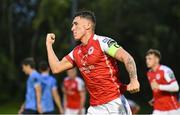 25 August 2023; Joe Redmond of St Patrick's Athletic celebrates after scoring his side's first goal during the SSE Airtricity Men's Premier Division match between UCD and St Patrick's Athletic at UCD Bowl in Dublin. Photo by Tyler Miller/Sportsfile