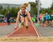 26 August 2023; Fiadh O'Dea from Straffan, Kildare, who won the Girls under-12 Long Jump during the Community Games National Track and Field finals at Carlow SETU in Carlow. Photo by Matt Browne/Sportsfile