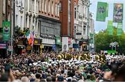 26 August 2023; The Notre Dame Marching Band during the pre-match tailgate on Dame Street, renamed Notre Dame Street for the day, in Dublin ahead of the Aer Lingus College Football Classic match between Notre Dame and Navy in Dublin. Photo by Ramsey Cardy/Sportsfile