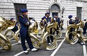 26 August 2023; The Notre Dame Marching Band prepare for the pre-match tailgate on Dame Street, renamed Notre Dame Street for the day, in Dublin ahead of the Aer Lingus College Football Classic match between Notre Dame and Navy in Dublin. Photo by Ramsey Cardy/Sportsfile