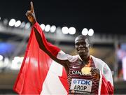 26 August 2023; Marco Arop of Canada celebrates with his gold medal after winning the men's 800m final during day eight of the World Athletics Championships at the National Athletics Centre in Budapest, Hungary. Photo by Sam Barnes/Sportsfile