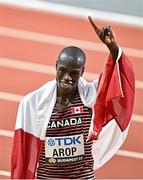 26 August 2023; Marco Arop of Canada celebrates after winning the men's 800m final during day eight of the World Athletics Championships at the National Athletics Centre in Budapest, Hungary. Photo by Sam Barnes/Sportsfile