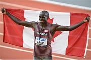 26 August 2023; Marco Arop of Canada celebrates after winning the men's 800m final during day eight of the World Athletics Championships at the National Athletics Centre in Budapest, Hungary. Photo by Sam Barnes/Sportsfile