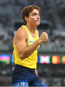 26 August 2023; Armand Duplantis of Sweden celebrates after making a clearance of 6m in the men's pole vault final during day eight of the World Athletics Championships at the National Athletics Centre in Budapest, Hungary. Photo by Sam Barnes/Sportsfile