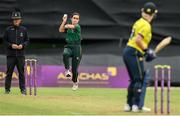 27 August 2023; Merrion bowler Síbha Bhoja during the Arachas Women's All-Ireland T20 Cup Final match between Merrion and Fox Lodge at Malahide Cricket Ground in Dublin. Photo by Seb Daly/Sportsfile