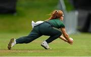 27 August 2023; Merrion captain Niamh MacNulty catches out Fox Lodge's Laura Allen during the Arachas Women's All-Ireland T20 Cup Final match between Merrion and Fox Lodge at Malahide Cricket Ground in Dublin. Photo by Seb Daly/Sportsfile