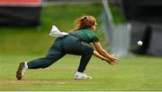 27 August 2023; Merrion captain Niamh MacNulty catches out Fox Lodge's Laura Allen during the Arachas Women's All-Ireland T20 Cup Final match between Merrion and Fox Lodge at Malahide Cricket Ground in Dublin. Photo by Seb Daly/Sportsfile