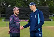 27 August 2023; CIYMS captain John Matchett, left, and Balbriggan captain Greg Ford shake hands before the Arachas Men's All-Ireland T20 Cup Final match between Balbriggan and CIYMS at Malahide Cricket Ground in Dublin. Photo by Seb Daly/Sportsfile