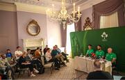 27 August 2023; Head coach Andy Farrell, captain Jonathan Sexton, left, and team manager Michael Kearney during the announcement of the Ireland Rugby World Cup squad at The Shelbourne Hotel in Dublin. Photo by Brendan Moran/Sportsfile