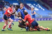 26 August 2023; Alma Atagamen of Leinster is tackled by Emma Dunican of Munster, 2, during the Girls Interprovincial Championship match between Leinster and Munster at Energia Park in Dublin. Photo by Piaras Ó Mídheach/Sportsfile