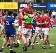 30 August 2023; Jamie Conway of Munster and teammates celebrates after their side's victory in the U18 Schools Interprovincial Championship match between Leinster and Munster at Energia Park in Dublin. Photo by Giselle O'Donoghue/Sportsfile