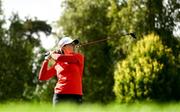 1 September 2023; Kim Metraux of Switzerland watches her tee shot on the ninth hole during day two of the KPMG Women's Irish Open Golf Championship at Dromoland Castle in Clare. Photo by Eóin Noonan/Sportsfile