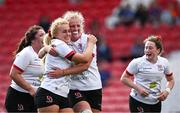 2 September 2023; Taryn Schutzler, left, and India Daley of Ulster celebrate at the final whistle after the Vodafone Women’s Interprovincial Championship third place play-off match between Connacht and Ulster at Musgrave Park in Cork. Photo by Eóin Noonan/Sportsfile