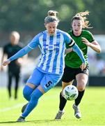 2 September 2023; Jessica Gleeson of DLR Waves in action against Ellen Dolan of Peamount United during the SSE Airtricity Women's Premier Division match between DLR Waves and Peamount United at Whitehall Stadium in Dublin. Photo by Tyler Miller/Sportsfile
