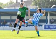 2 September 2023; Freya Healy of Peamount United is tackled by Oleta Griffin of DLR Waves during the SSE Airtricity Women's Premier Division match between DLR Waves and Peamount United at Whitehall Stadium in Dublin. Photo by Tyler Miller/Sportsfile