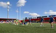 2 September 2023; Leinster players warm up before the Vodafone Women’s Interprovincial Championship final between Munster and Leinster at Musgrave Park in Cork. Photo by Eóin Noonan/Sportsfile