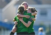 2 September 2023; Rebecca Watkins of Peamount United, left, celebrates with teammate Ellen Dolan, right, and Freya Healy after forcing Jessica Gleeson of DLR Waves to score an own goal during the SSE Airtricity Women's Premier Division match between DLR Waves and Peamount United at Whitehall Stadium in Dublin. Photo by Tyler Miller/Sportsfile