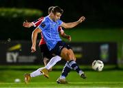 6 September 2023; Adam Wells of UCD and Paul McMullan of Derry City during the SSE Airtricity Men's Premier Division match between UCD and Derry City at UCD Bowl in Dublin. Photo by Ben McShane/Sportsfile