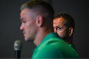 7 September 2023; Head coach Andy Farrell watches captain Jonathan Sexton during an Ireland rugby media conference at the Mercure Hotel in Bordeaux, France. Photo by Brendan Moran/Sportsfile