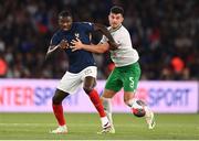 7 September 2023; Marcus Thuram of France in action against John Egan of Republic of Ireland during the UEFA EURO 2024 Championship qualifying group B match between France and Republic of Ireland at Parc des Princes in Paris, France. Photo by Stephen McCarthy/Sportsfile