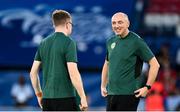 7 September 2023; Republic of Ireland athletic therapist Colum O’Neill, right, and Republic of Ireland's STATSports analyst Andrew Morrissey before the UEFA EURO 2024 Championship qualifying group B match between France and Republic of Ireland at Parc des Princes in Paris, France. Photo by Stephen McCarthy/Sportsfile