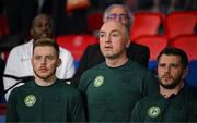 7 September 2023; Republic of Ireland staff, from left, athletic therapist Sam Rice, athletic therapist Colum O’Neill and chartered physiotherapist Kevin Mulholland before the UEFA EURO 2024 Championship qualifying group B match between France and Republic of Ireland at Parc des Princes in Paris, France. Photo by Stephen McCarthy/Sportsfile