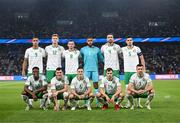 7 September 2023; The Republic of Ireland team, back row, from left, Adam Idah, Nathan Collins, Alan Browne, Gavin Bazunu, Shane Duffy and John Egan, with, front row, Chiedozie Ogbene, Jason Knight, Josh Cullen, Jayson Molumby and Enda Stevens before the UEFA EURO 2024 Championship qualifying group B match between France and Republic of Ireland at Parc des Princes in Paris, France. Photo by Stephen McCarthy/Sportsfile