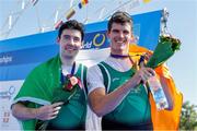 10 September 2023; Daire Lynch, left, and Philip Doyle of Ireland celebrate after winning bronze in the Men's Double Sculls Final A during the 2023 World Rowing Championships at Ada Ciganlija regatta course on Sava Lake, Belgrade. Photo by Nikola Krstic/Sportsfile