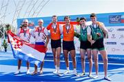 10 September 2023; Daire Lynch and Philip Doyle of Ireland celebrate after winning bronze, alongside, from left, Martin Sinkovic and Valent Sinkovic of Croatia, who won silver, and Melvin Twellaar and Stefan Broenink of Netherlands, who won gold, in the Men's Double Sculls Final A during the 2023 World Rowing Championships at Ada Ciganlija regatta course on Sava Lake, Belgrade. Photo by Nikola Krstic/Sportsfile