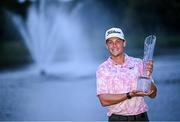 10 September 2023; Vincent Norrman of Sweden celebrates with the trophy after the Horizon Irish Open Golf Championship at The K Club in Straffan, Kildare. Photo by Ramsey Cardy/Sportsfile