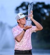 10 September 2023; Vincent Norrman of Sweden celebrates with the trophy after the Horizon Irish Open Golf Championship at The K Club in Straffan, Kildare. Photo by Ramsey Cardy/Sportsfile