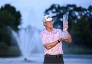 10 September 2023; Vincent Norrman of Sweden celebrates with the trophy after the Horizon Irish Open Golf Championship at The K Club in Straffan, Kildare. Photo by Ramsey Cardy/Sportsfile