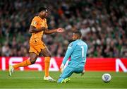 10 September 2023; Republic of Ireland goalkeeper Gavin Bazunu attempts to win the ball before Denzel Dumfries of Netherlands, resulting in a penalty being conceded, during the UEFA EURO 2024 Championship qualifying group B match between Republic of Ireland and Netherlands at the Aviva Stadium in Dublin. Photo by Sam Barnes/Sportsfile