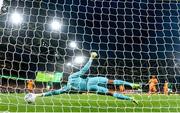 10 September 2023; Republic of Ireland goalkeeper Gavin Bazunu fails to save a shot on goal from Cody Gakpo of Netherlands during the UEFA EURO 2024 Championship qualifying group B match between Republic of Ireland and Netherlands at the Aviva Stadium in Dublin. Photo by Stephen McCarthy/Sportsfile