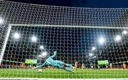 10 September 2023; Republic of Ireland goalkeeper Gavin Bazunu fails to save a shot on goal from Cody Gakpo of Netherlands during the UEFA EURO 2024 Championship qualifying group B match between Republic of Ireland and Netherlands at the Aviva Stadium in Dublin. Photo by Stephen McCarthy/Sportsfile