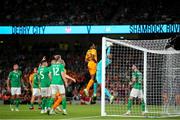 10 September 2023; Republic of Ireland goalkeeper Gavin Bazunu collects a cross under pressure from Denzel Dumfries of Netherlands during the UEFA EURO 2024 Championship qualifying group B match between Republic of Ireland and Netherlands at the Aviva Stadium in Dublin. Photo by Michael P Ryan/Sportsfile