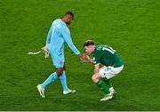 10 September 2023; Republic of Ireland goalkeeper Gavin Bazunu and Nathan Collins of Republic of Ireland after the UEFA EURO 2024 Championship qualifying group B match between Republic of Ireland and Netherlands at the Aviva Stadium in Dublin. Photo by Ben McShane/Sportsfile