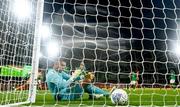 10 September 2023; Republic of Ireland goalkeeper Gavin Bazunu after after his side conceded a first goal during the UEFA EURO 2024 Championship qualifying group B match between Republic of Ireland and Netherlands at the Aviva Stadium in Dublin. Photo by Stephen McCarthy/Sportsfile