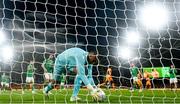 10 September 2023; Republic of Ireland goalkeeper Gavin Bazunu after after his side conceded a first goal during the UEFA EURO 2024 Championship qualifying group B match between Republic of Ireland and Netherlands at the Aviva Stadium in Dublin. Photo by Stephen McCarthy/Sportsfile